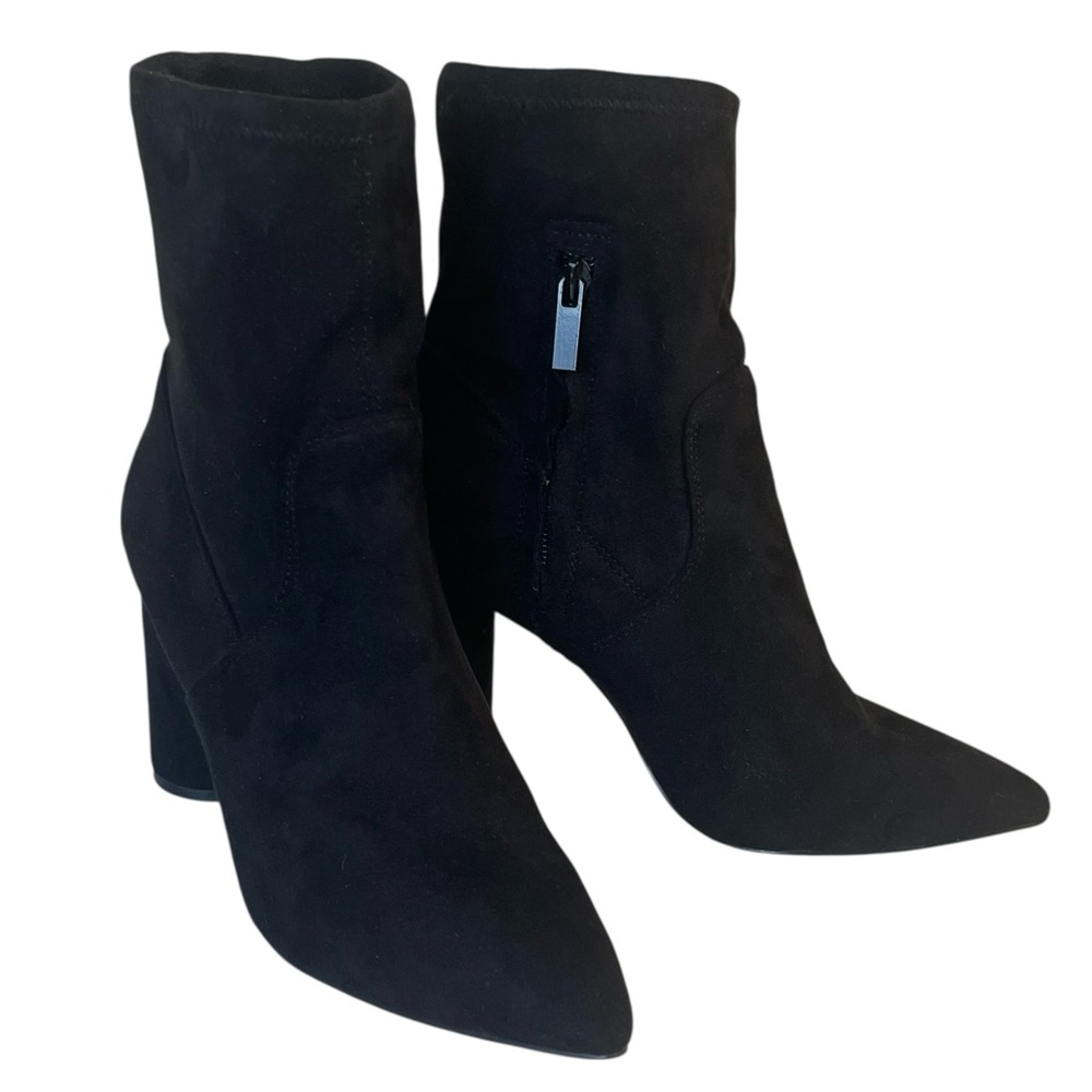 BCBGeneration Faux Suede Ankle Boots ALLY Black Pointed Toe 6.5 B Zip 3.5” Heels